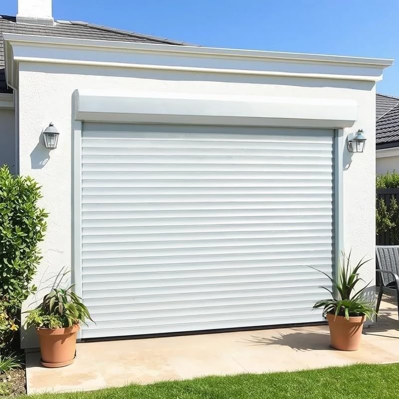 White home exterior with a closed roller shutter garage door, featuring horizontal slats, wall lanterns, and potted plants along the driveway.