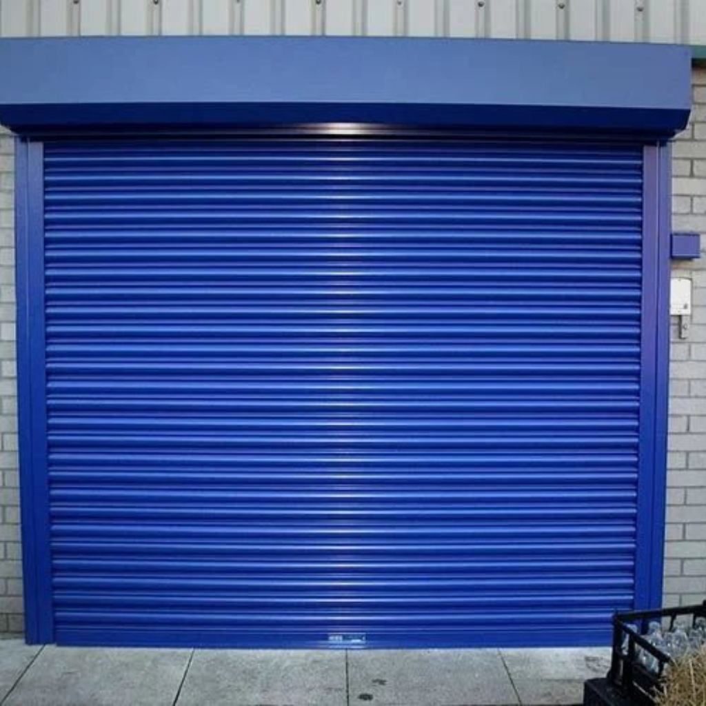 Blue commercial storefront with closed rolling security shutter