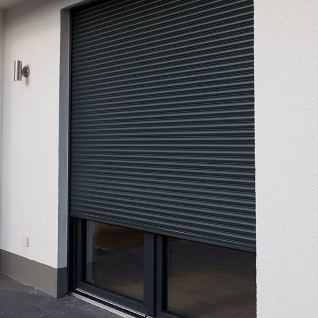 A dark grey rolling security shutter partially lowered over a glass window on a white exterior wall.
