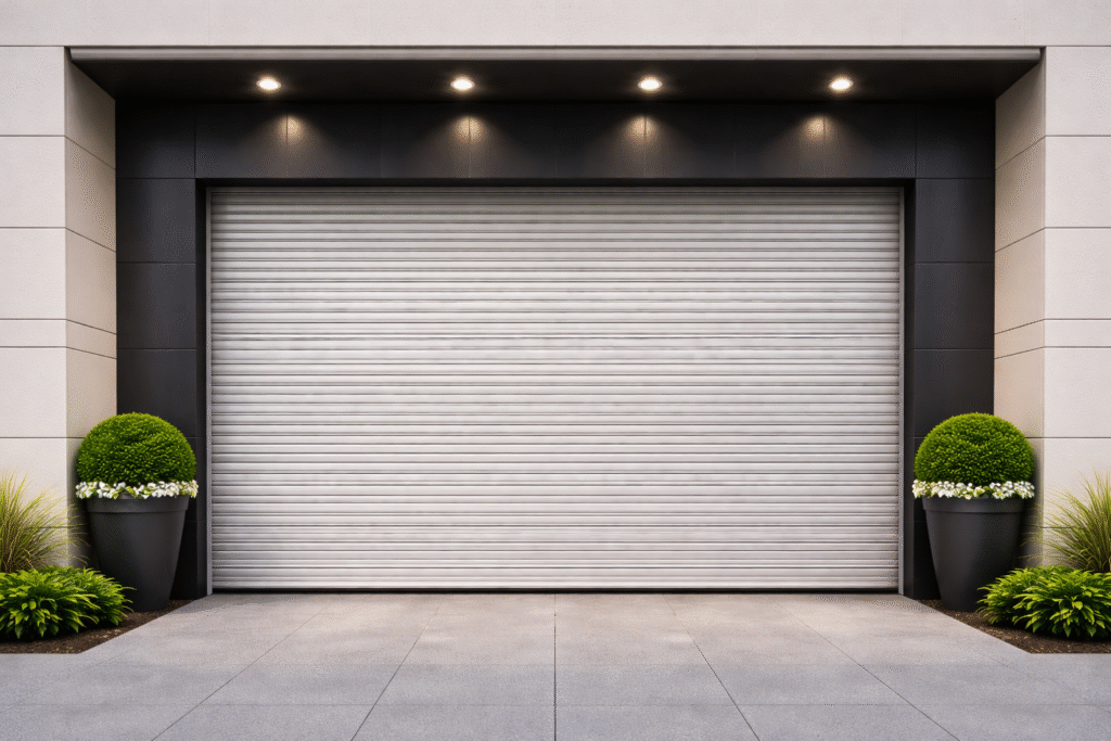 Modern commercial-style facade with recessed lighting and a silver roll-up garage door, framed by dark panels and symmetrical potted shrubs.
