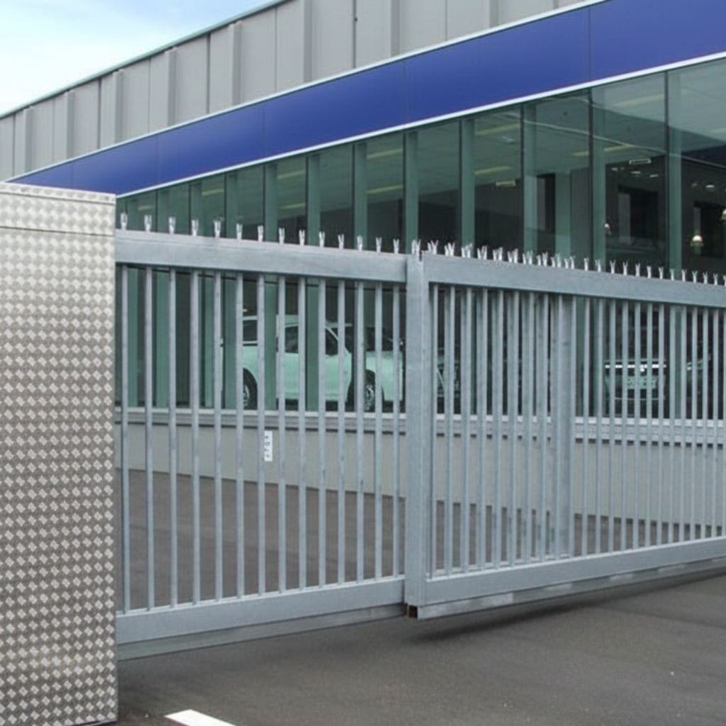 Industrial facility entrance with a galvanized steel sliding gate featuring vertical bars and anti-climb spikes, positioned in front of a warehouse loading area.