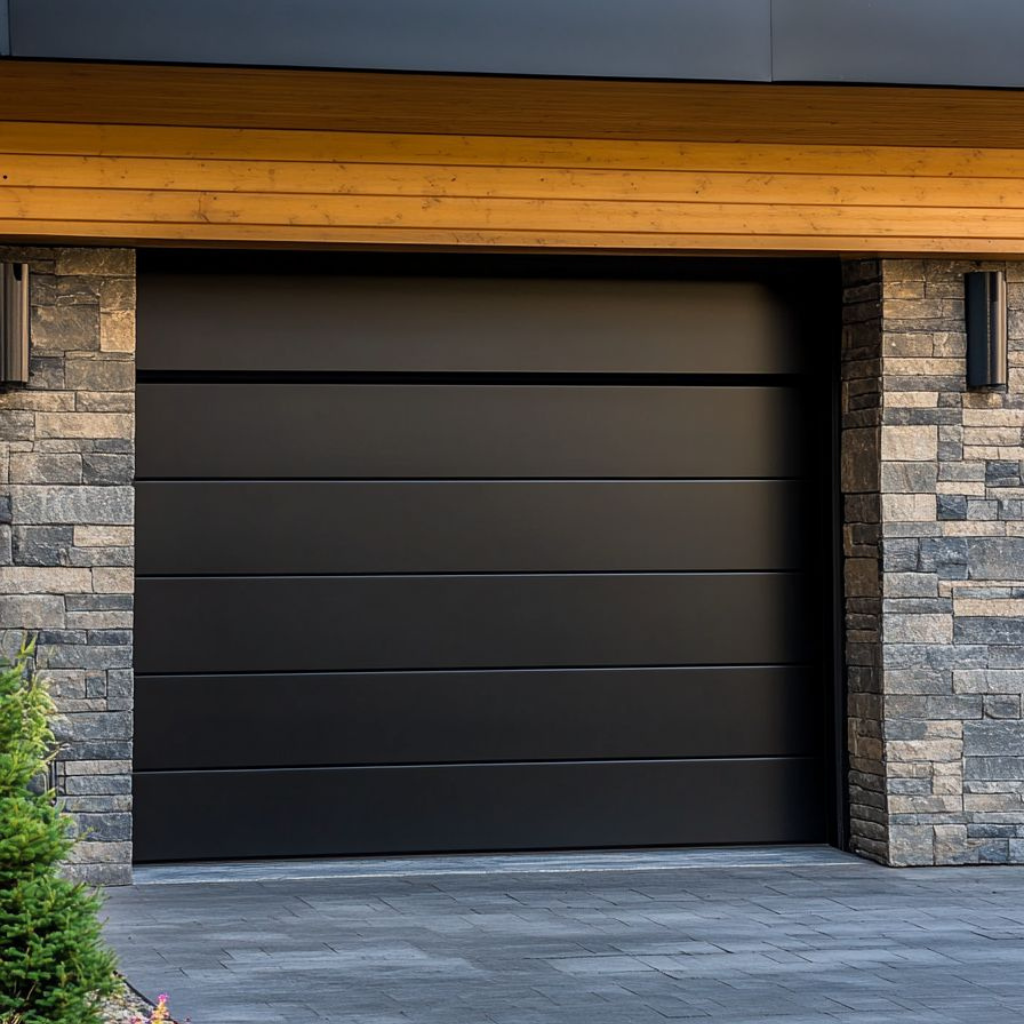 Modern black sectional garage door with horizontal panels, framed by stone walls on a contemporary residential home.
