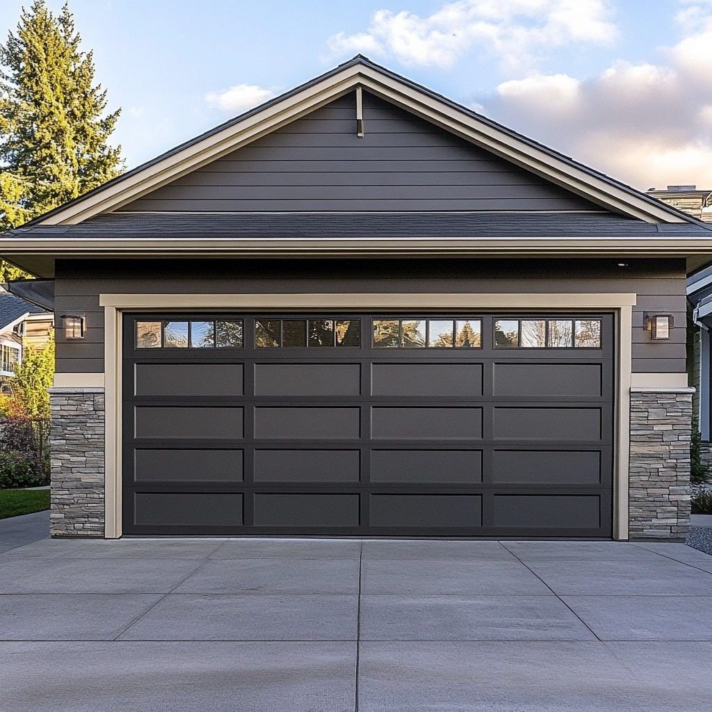 Modern suburban home with a black sectional garage door featuring top glass windows, gray siding, stone accents, and a wide concrete driveway.