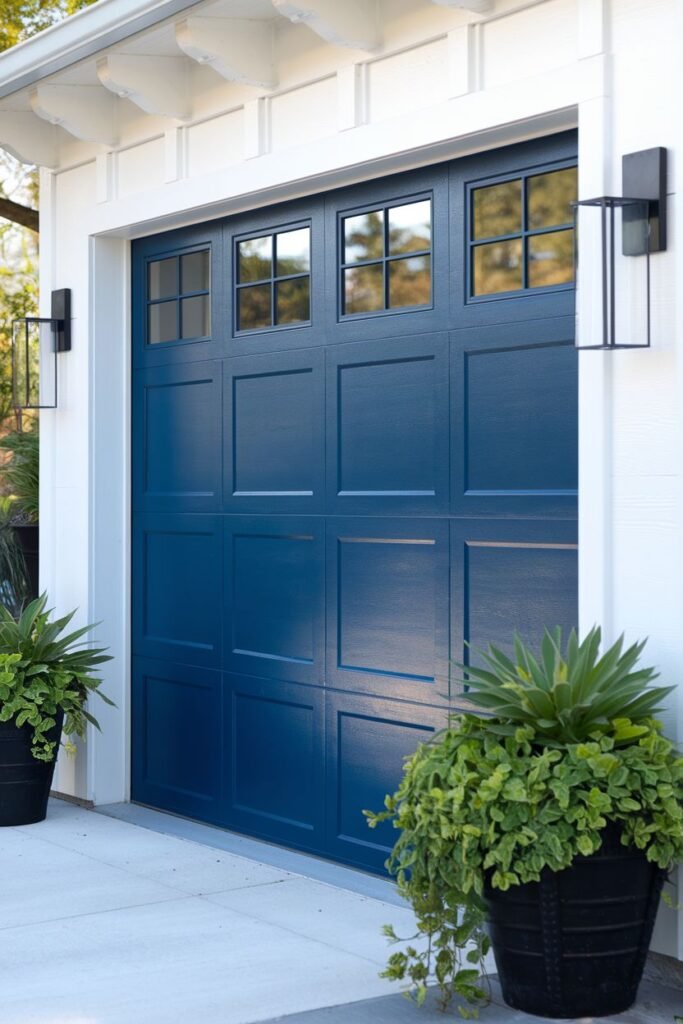 Blue garage door with window panels, providing secure residential access and natural light.