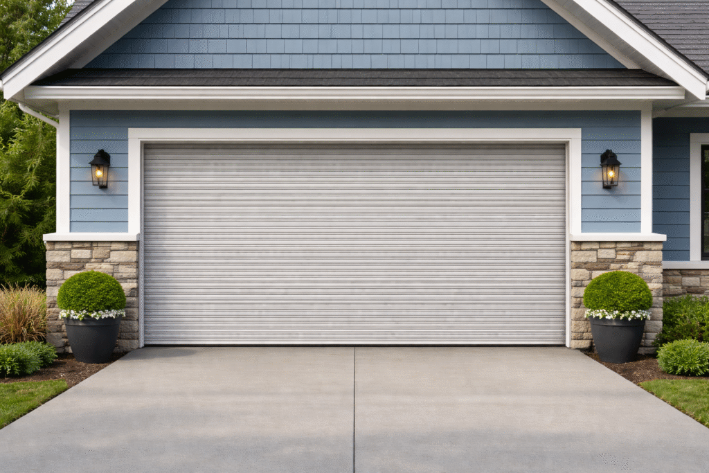 Blue suburban home with a gray roll-up garage door, stone accents, wall lanterns, and a concrete driveway with potted shrubs.