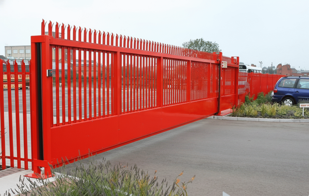 Red automated sliding steel security gate at commercial entrance.
