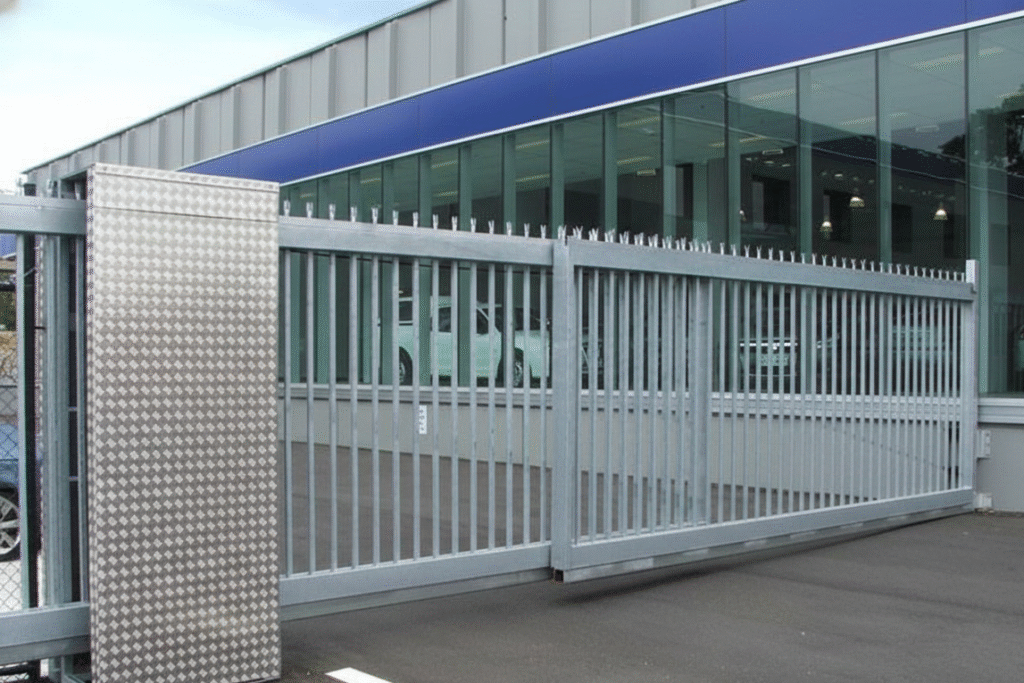 Modern sliding steel gate providing secure access control for an office and commercial facility