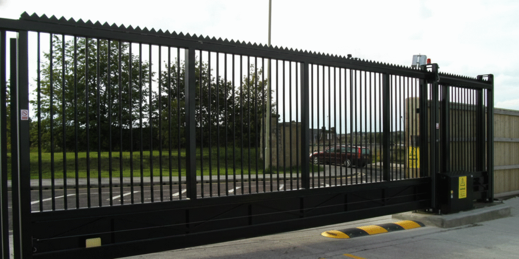 Black automatic sliding security gate with vertical metal bars installed at an industrial driveway entrance