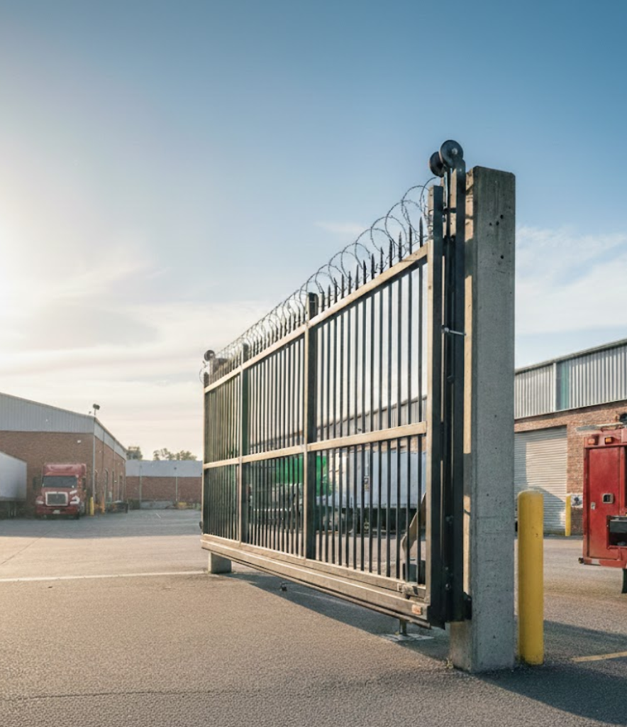 Industrial facility entrance with a heavy-duty steel sliding security gate on a track, topped with barbed wire and mounted to a concrete post.