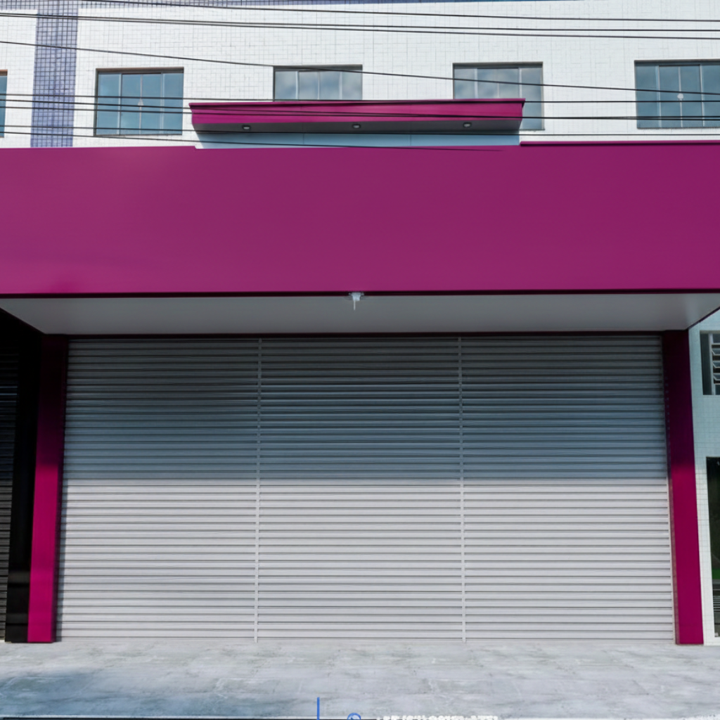 A modern purple storefront for rolling gate
