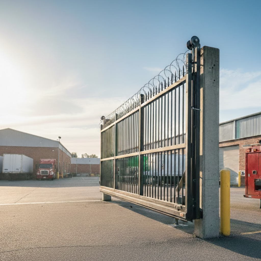 Industrial facility entrance with a heavy-duty steel sliding security gate on a track, topped with barbed wire and mounted to a concrete post.