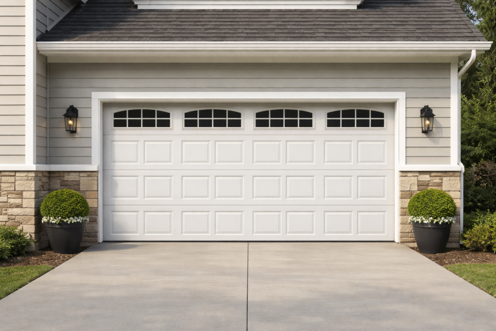Suburban home exterior with a white paneled garage door featuring arched top windows, gray siding, stone accents, and a clean concrete driveway.