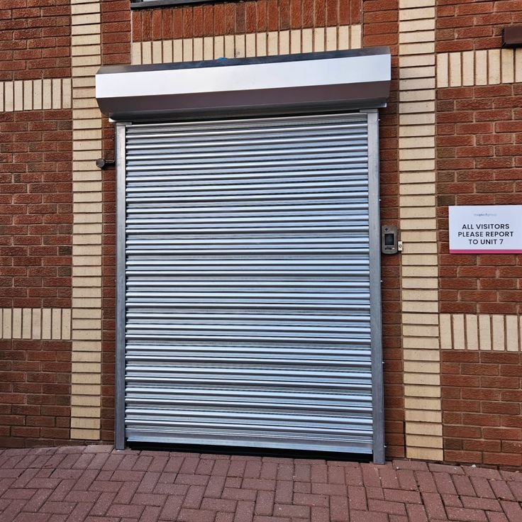 Brick commercial unit with a silver metal roll-up door, featuring a ribbed roller shutter and a visitor sign mounted on the wall.
