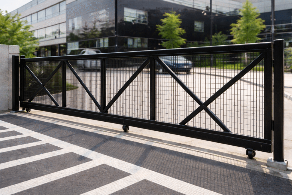 Black steel sliding gate with wire mesh panels and X-brace design, installed at a modern commercial driveway entrance with an office building in the background.