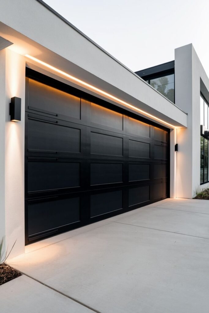 A clean white sectional garage door with a smooth finish, installed on a modern residential home.