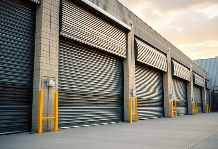 Warehouse loading bays with multiple metal roll-up doors, concrete apron, and yellow safety bollards along an industrial building exterior.