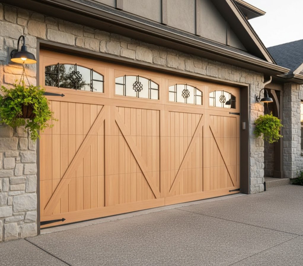 Carriage-style wood garage door with arched top windows on a stone-front house.