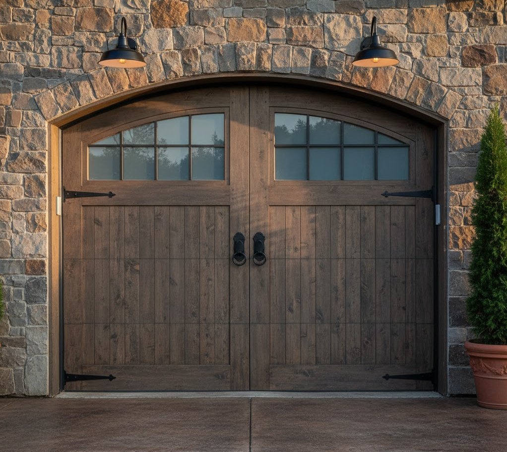 Carriage house garage door in light wood with arched top windows on a stone-front home.