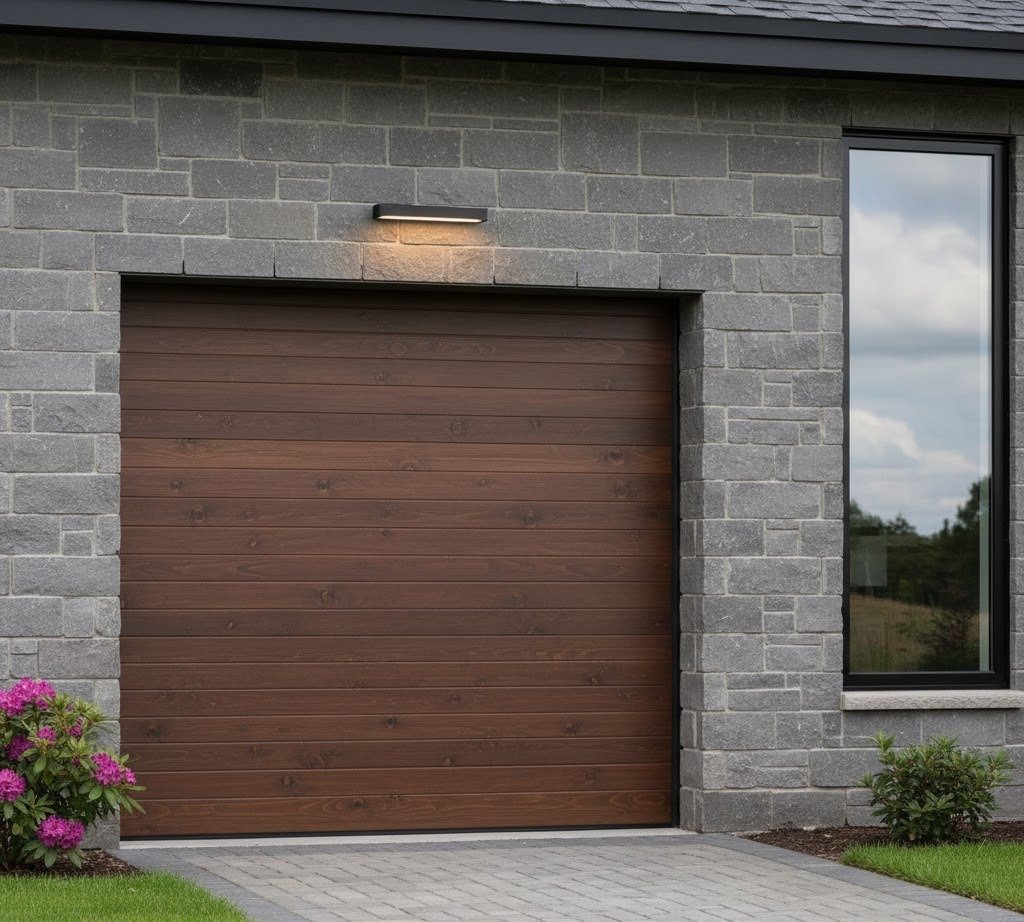 Modern gray stone home exterior with a dark wood garage door, featuring horizontal panels, a wall light above, and a paved driveway beside a tall window.