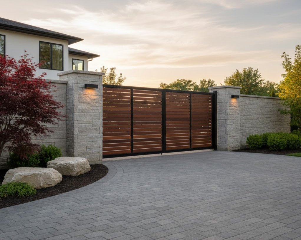 Contemporary home entrance with gray stone privacy wall and a wide wooden driveway gate featuring horizontal slats, set along a paved courtyard with landscape lighting at sunset.