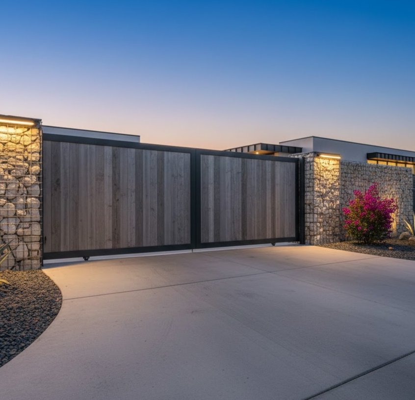 Modern residence with illuminated stone walls and a wide gray wood driveway gate, set beside a concrete driveway and desert landscaping at dusk.