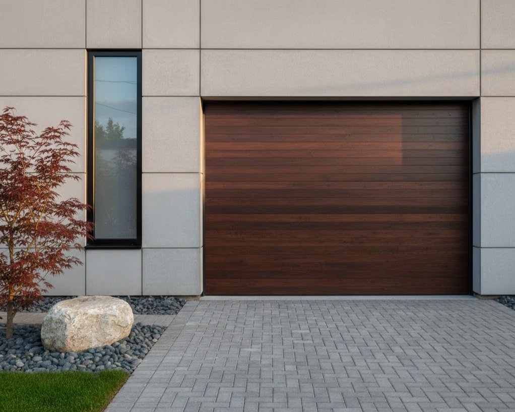 Contemporary home facade with light gray panel cladding and a dark wood garage door, featuring a narrow vertical window and a paved driveway.
