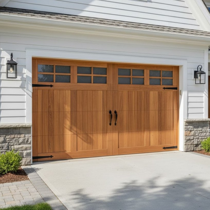White home exterior with a cedar-look garage door featuring top row windows, decorative black hinge hardware, and a smooth concrete driveway.