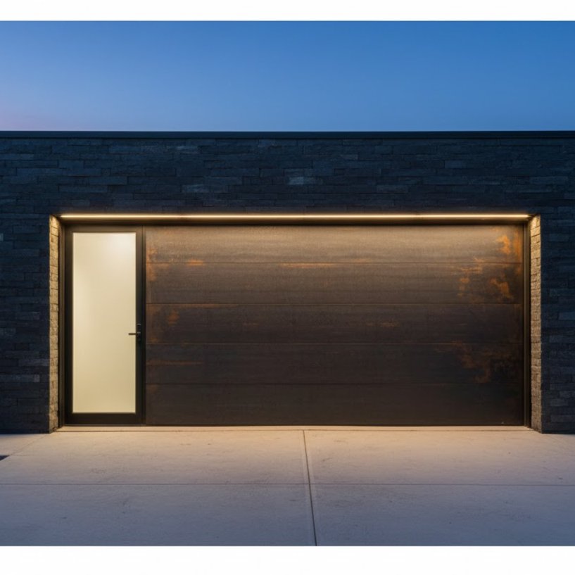 Modern black stone garage exterior with a sleek minimalist garage door, integrated LED lighting, and a frosted glass side entry door at dusk.