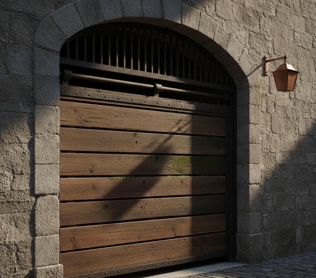 Rustic stone facade with an arched opening and a dark wood garage door featuring horizontal planks, iron details, and cobblestone driveway.