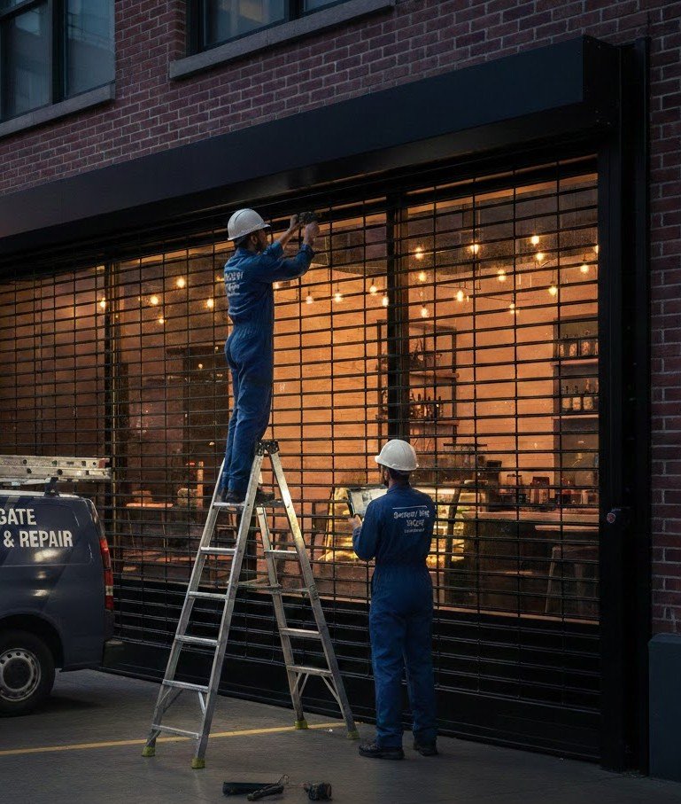 Technicians in blue uniforms installing a black rolling security shutter on a brick storefront.
